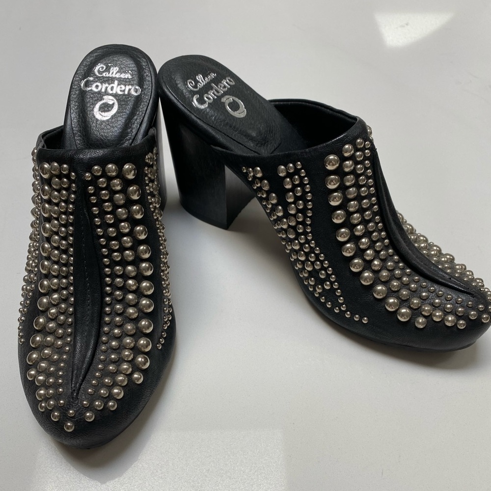 Calleen Cordero Black Studded Clog Wedges